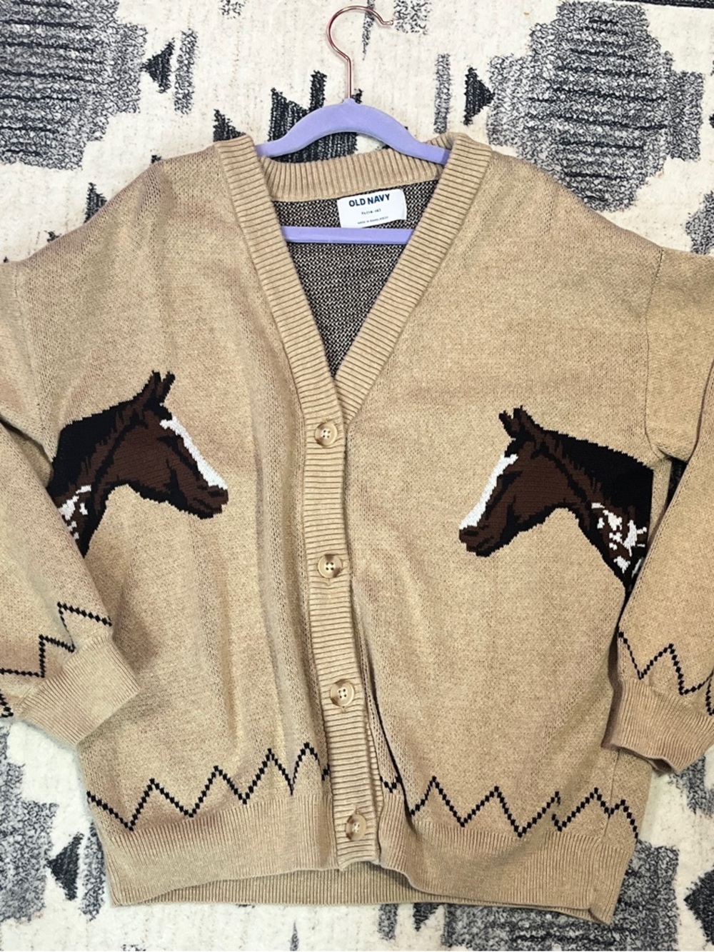 Old Navy Tan Horse Intarsia Button Cardigan